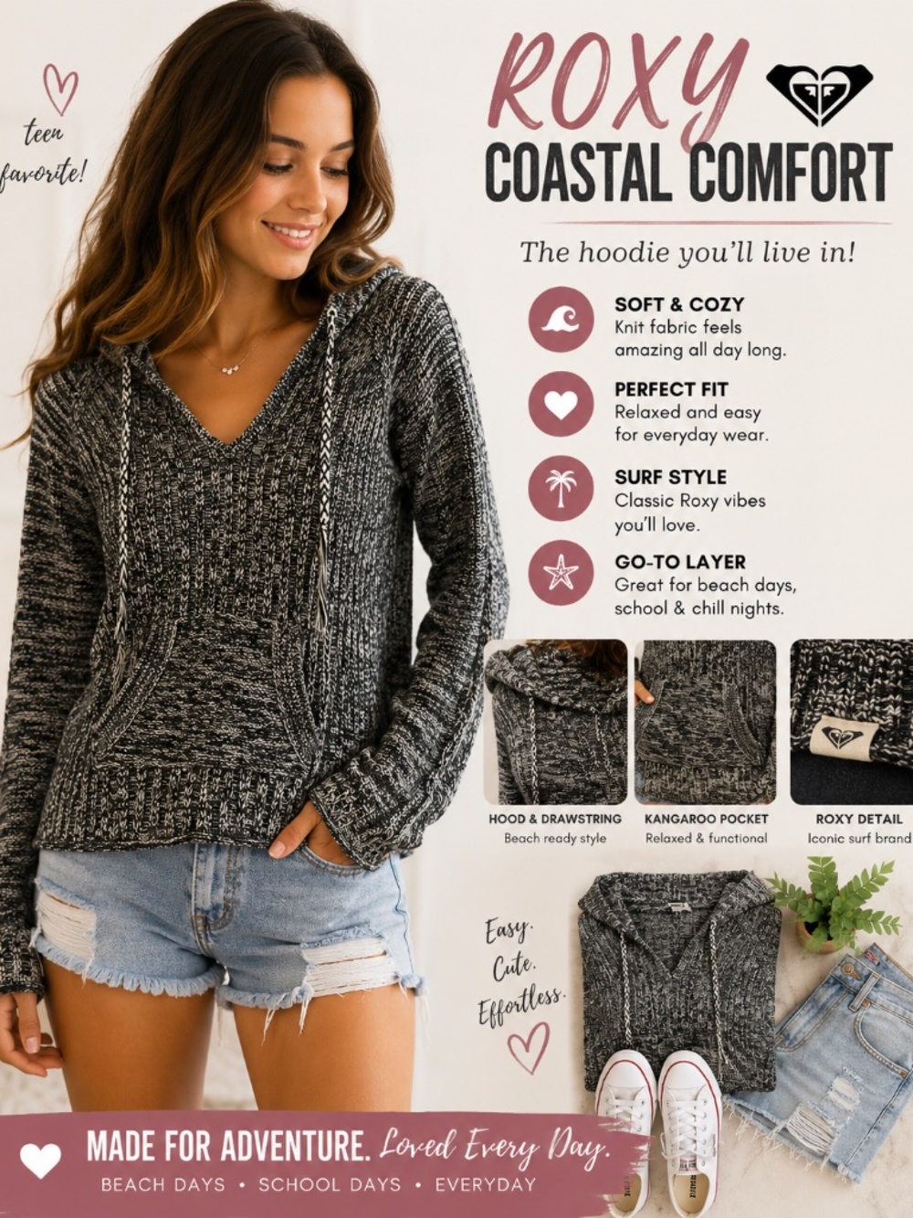 Roxy Women’s Small Marled Knit Hooded Sweater Black White Surf Boho Hoodie